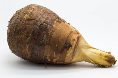 Beyaz arka plan üzerinde taze kök taro