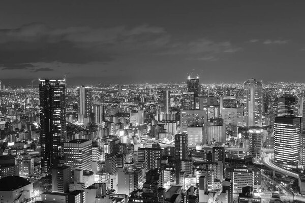 Black and White, City downtown night lights, Osaka cityscape background, Japan