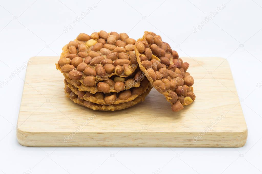 Fried sweet peanut on wooden board homemade