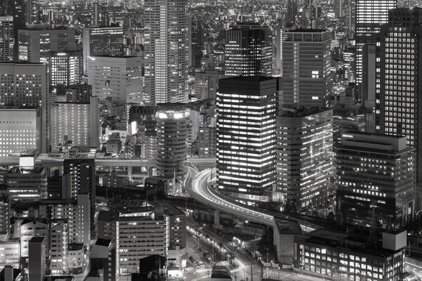 Black and White, Osaka city central business downtown night view, Japan