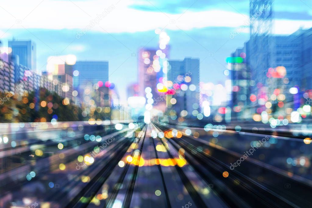 City blurred bokeh light double exposure moving motion train track