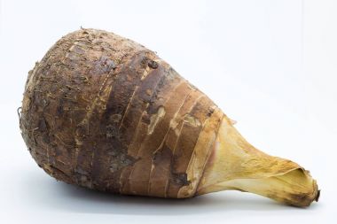 Beyaz arka plan üzerinde taze kök taro