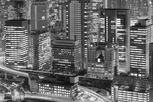黑色和白色，办公大楼市市中心夜景 — 图库照片