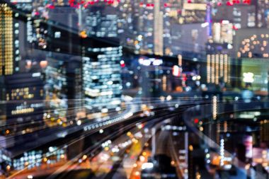 Tren parça hareket hareketli çift pozlama şehir gece bulanık bokeh ışık bulanık,