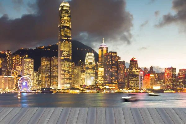 Hong Kong suddig bokeh ljus havet business downtown, abstrakt bakgrund — Stockfoto
