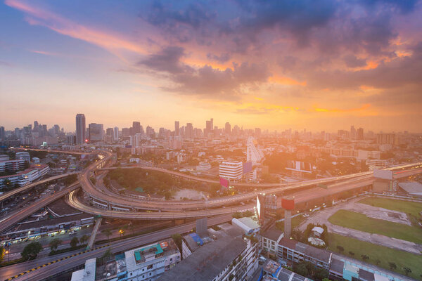 Bangkok city business downtown skyline during sunset, cityscape background, Thailand