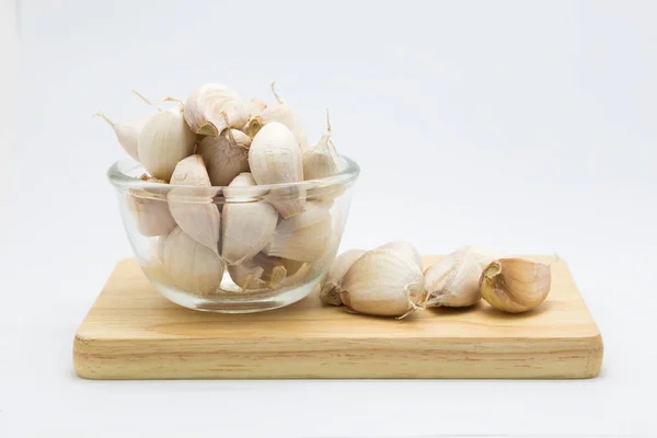 Fresh Garlic Glass Bowl White Background — Stock Photo, Image