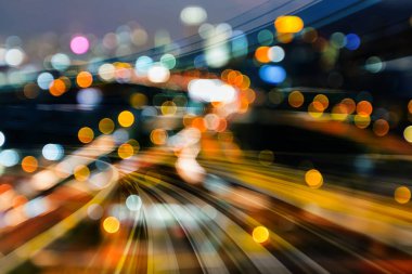 Bulanık bokeh ışık şehir çift pozlama hareket tren yolu, arka plan