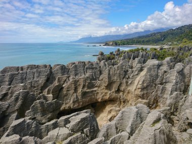 Punakaiki gözleme rock Doğu Yakası south Island, Yeni Zelanda doğal manzara arka plan