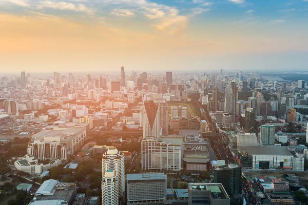 Aerial view Bangkok city business downtown skyline sunset tone, cityscape background
