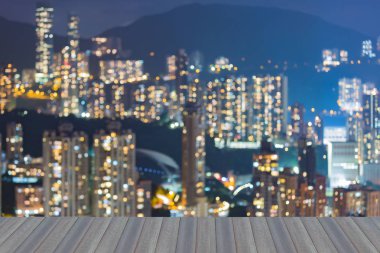 Açılış ahşap zemin, gece bokeh ışık ikamet şehir Hong Kong, arka plan