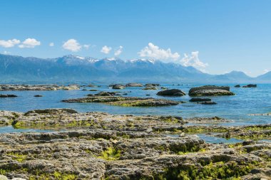 Dağ arka plan, Yeni Zelanda doğal peyzaj ile Kaikoura kayalık plaj
