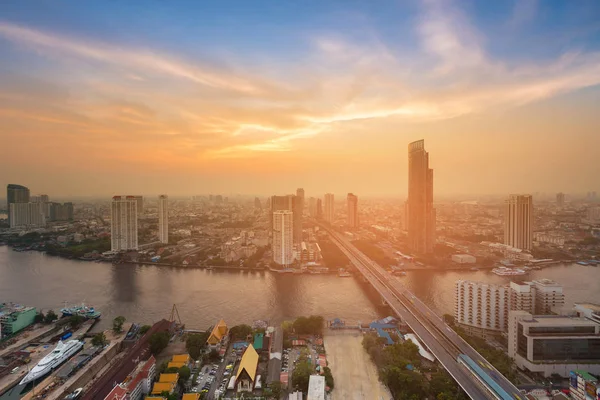 Tramonto Sulla Città Bangkok Centro Con Fiume Curvo Vista Aerea — Foto Stock