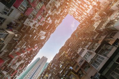 Hong Kong şehir daire alt görünümü, cityscape arka plan kalabalık