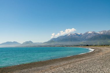 Kaikoura beach Yarımadası Yeni Zelanda doğu kıyısında doğal manzara arka plan kavisli 