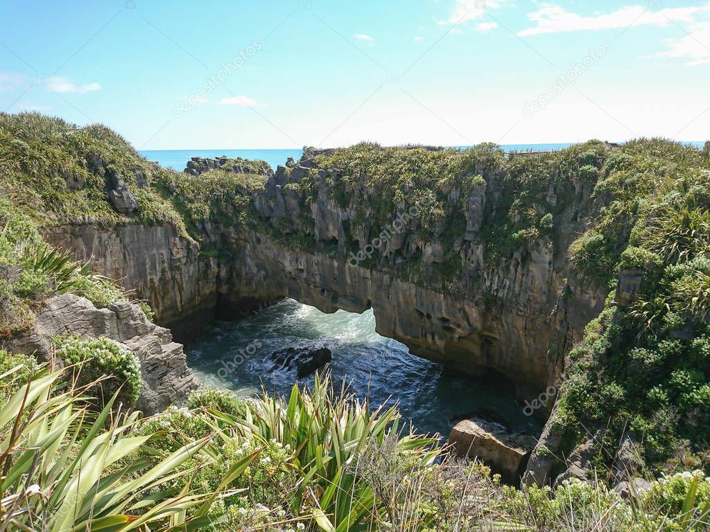 Punakaki rock over seacoast, New Zealand west coast natural destination background