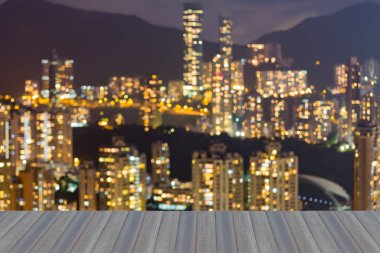 Şehir ışık gece görünümü bokeh, ahşap zemin, arka plan açılış bulanık