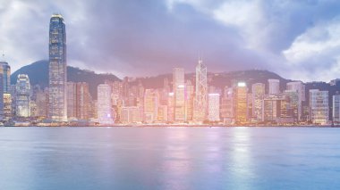 Hong Kong gece ışık iş Victoria defne, cityscape downtown arka plan kurma