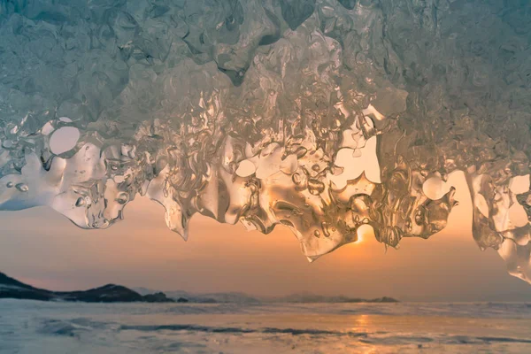 Bellissimo Ghiaccio Grottato Con Tramonto Cielo Stagione Invernale Paesaggio Naturale — Foto Stock