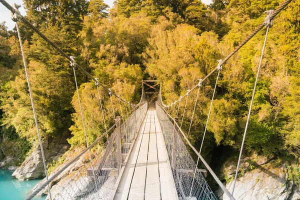 Walking wooden suspension bridge in tropical jungle natural landscape background