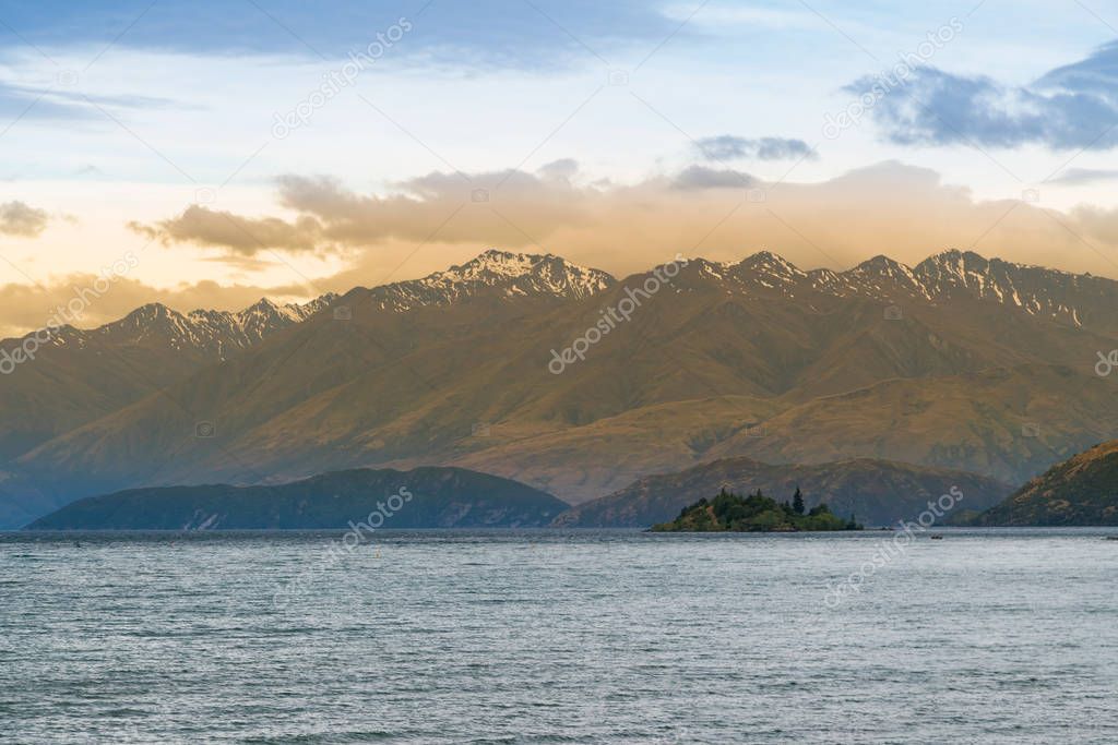 Beautiful New Zealand Wanaka lake sunset view, natural landscape background