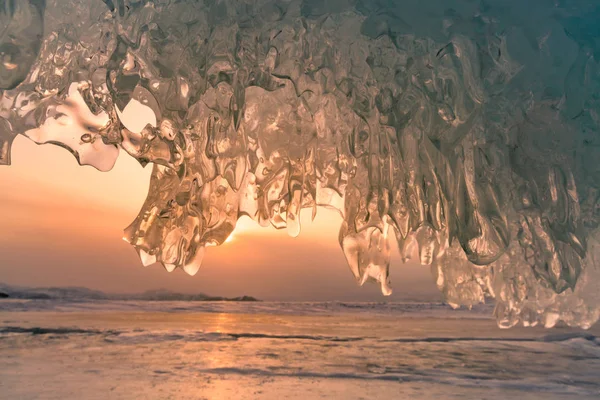 Beautiful Sun Light Frozen Ice Cave Wall Siberia Russia Winter — Stock Photo, Image