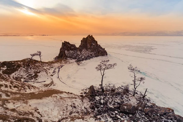 Baikal Gefrorenes Wasser See Russland Wintersaison Mit Sonnenuntergang Skyline Hintergrund — Stockfoto