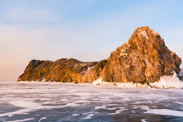 Roche Sur Lac Eau Gelée Baïkal Russie Saison Hiver Paysage — Photo