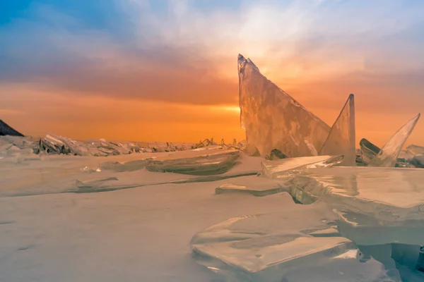 Eis Auf Dem Baikalsee Mit Sonnenuntergang Hintergrund Baikal Russland Wintersaison — Stockfoto