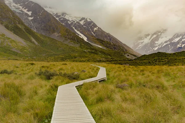 Dřevěné Vycházkové Cesty Vedoucí Hooker Valley Track Nový Zéland Přírodní — Stock fotografie