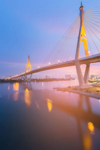 Bhumibol Suspension Bridge Reflection River Bangkok Thailand Landmark — Stock Photo, Image