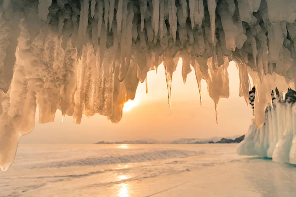 Gelo Curva Com Fundo Por Sol Baikal Rússia Inverno Temporada — Fotografia de Stock