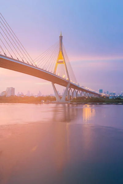 Beautiful Sunset Sky Rama9 Suspension Bridge Bangkok River Front Thailand — Stock Photo, Image