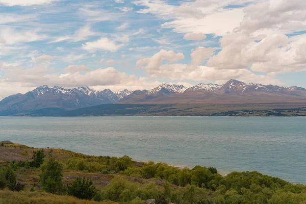 Pukaki Води Озера Кука Гора Фоном Нової Зеландії Природний Ландшафт — стокове фото