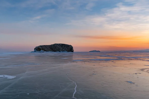 Beau Lever Soleil Sur Sibérie Baïkal Lac Eau Hiver Saison — Photo