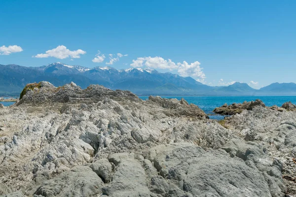 Καϊκούρα Ακτογραμμή Φόντο Βουνό Φυσικό Τοπίο Νότιο Νησί Νέα Ζηλανδία — Φωτογραφία Αρχείου