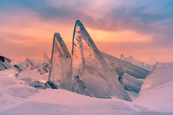 Krásné Lámání Ledu Bajkalském Jezeře Během Východu Slunce Rusko Zimní — Stock fotografie
