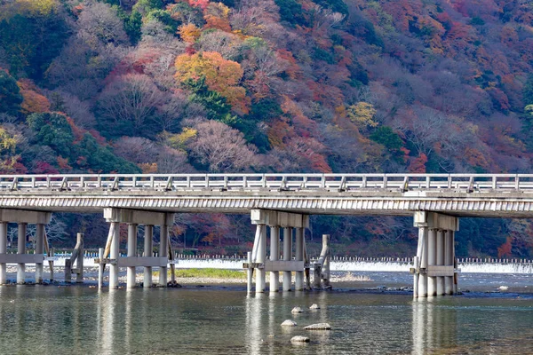 Arashiyama wooden bridge cross over river and autumn season change background, Japan
