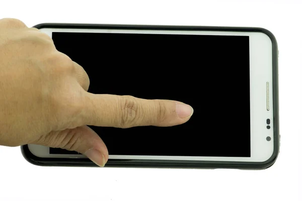 Ręce Trzymają Wskazują Big Screen Smart Phone Odizolowany Białym Tle — Zdjęcie stockowe