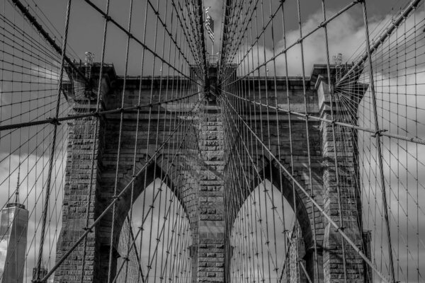 October 28th, 2016 - New York - USA, The intricate system of metal reinforcements that keep together the Brooklyn Bridge