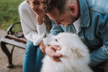 Gülümseyen genç bayanın ve adamın kesilmiş fotoğrafı sokak bankında otururken beyaz tüylü köpeklerini okşuyor.
