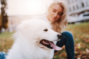 Genç, gülümseyen sarışın dişi sonbahar parkında beyaz tüylü köpek yavrusuyla yürüyor.