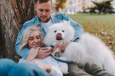 Samoyed köpeğiyle vakit geçirirken parkta ağaçların yanında dinlenen mutlu çift.