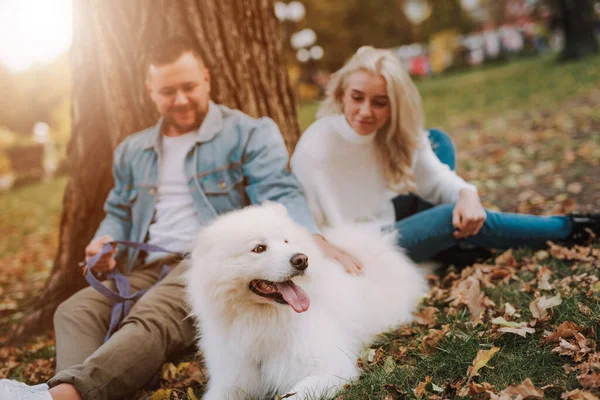 Feliz Sorriso Marido Mulher Com Cachorro Peludo Branco Sentado Debaixo — Fotografia de Stock