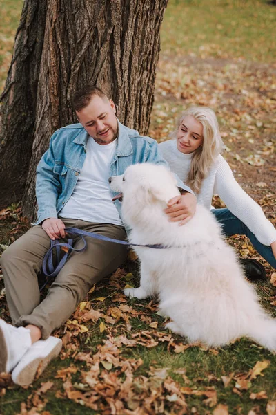 Jovem Sorrindo Fêmea Macho Acariciando Cachorro Peludo Branco Enquanto Sentado — Fotografia de Stock