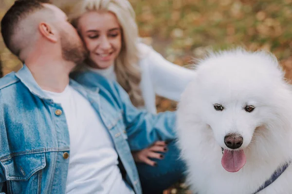 Jovem Marido Mulher Feliz Com Cão Fofo Branco Estão Beijando — Fotografia de Stock