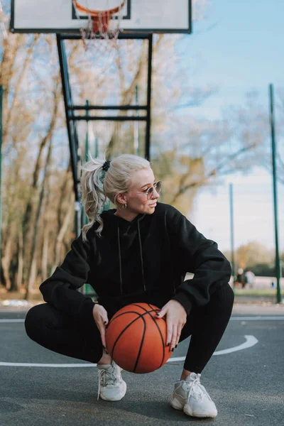 Young Woman Glasses Black Sportswear Posing Ball Outdoors — Stock Photo, Image