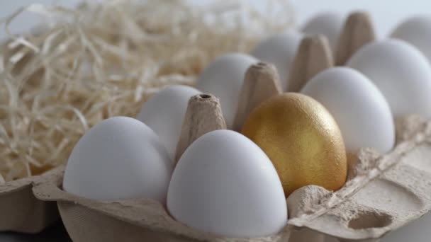 在柔和的晨光下 在一个盛满干草 新鲜而精选的鸡蛋的蛋盘中进行特写 白色和金色的 圆形旋转 侧视图 肖像定位 代表健康营养的概念或说明你的产品 — 图库视频影像