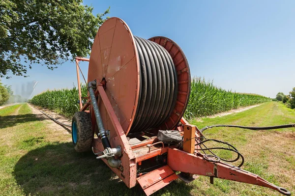 Instalación de aspersores de agua en un campo de maíz. — Foto de Stock