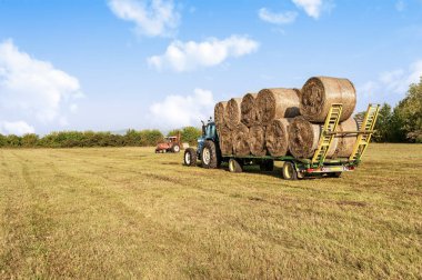 Tarım sahnesi. Traktör el arabasında saman balyasını kaldırıyor..